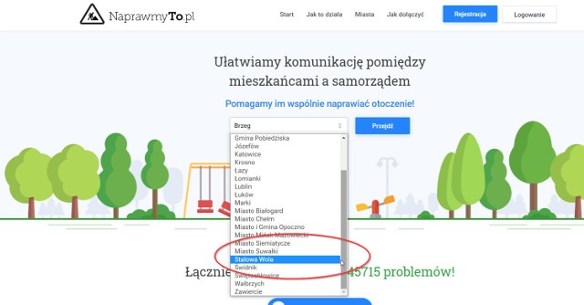 Screen ze stroną naprawmyto.pl, na której nie można wybrać już Stargardu