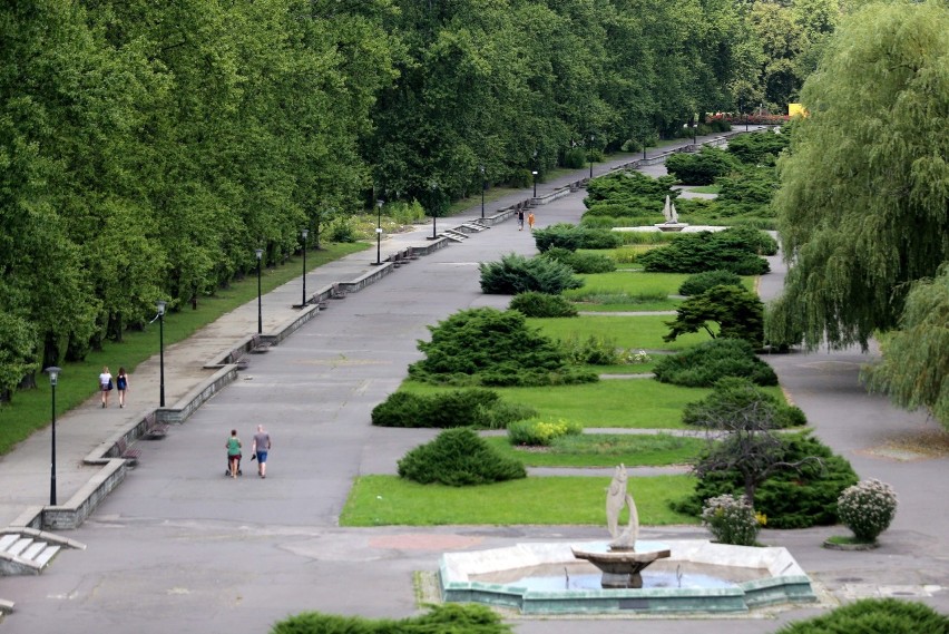 Parku Śląski widziany z perspektywy "Elki". Kolejką jedzie...