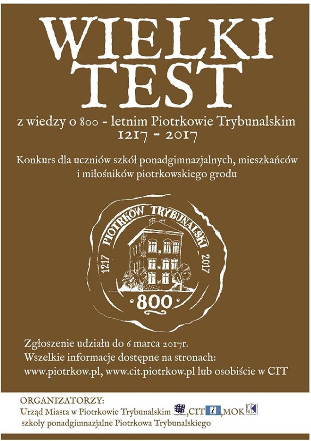 Na wielki test z wiedzy o 800-letnim  Piotrkowie Trybunalskim zaprasza m.in. urząd miasta i Centrum Informacji Turystycznej