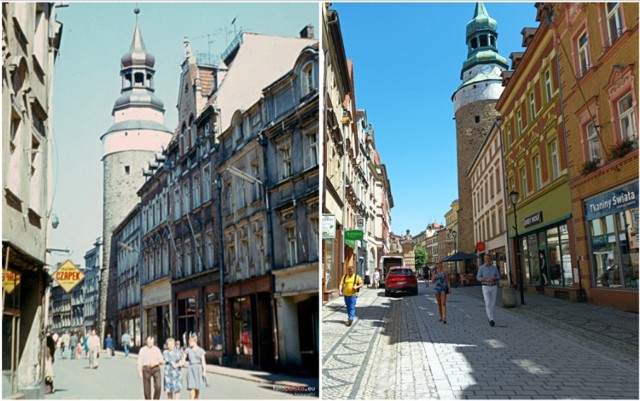 Po lewej ulica Konopnickiej w roku 1986, po prawej 20 lipca 2022 roku.