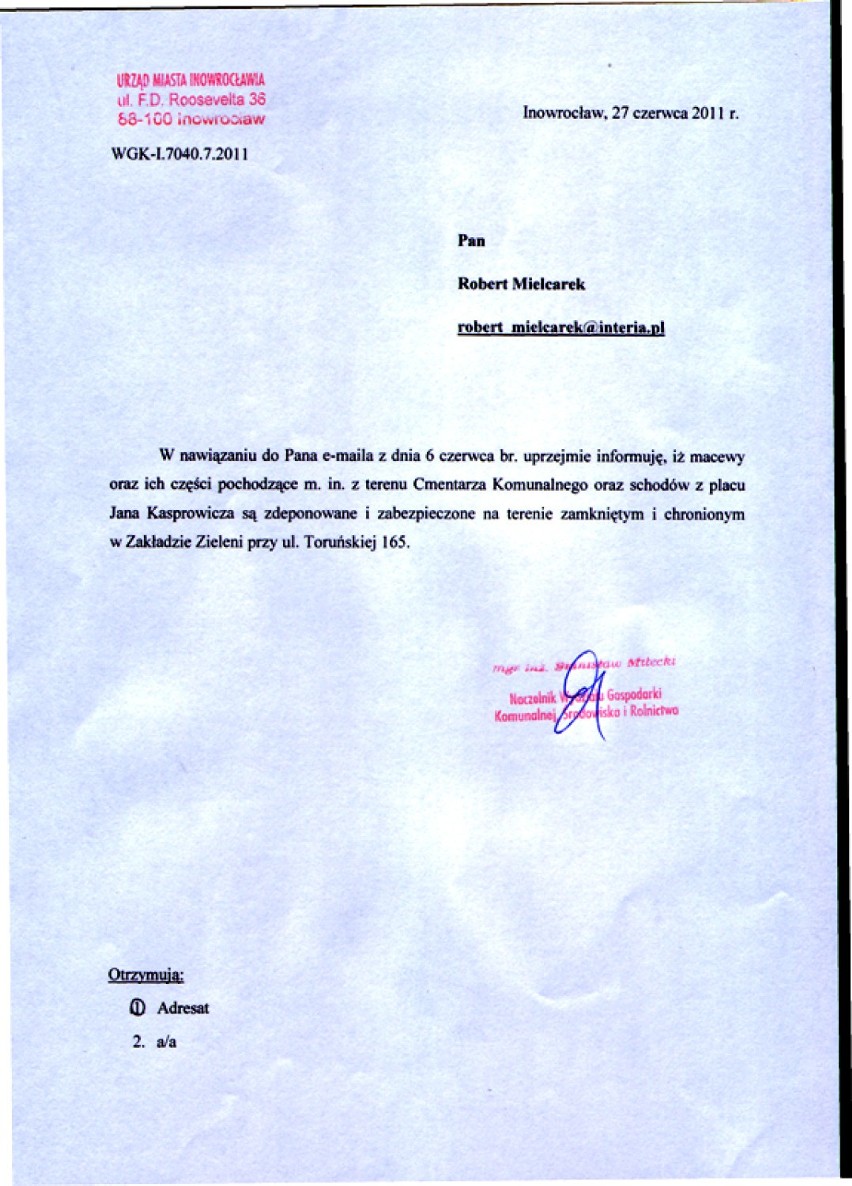 Pismo z UM Inowrocławia informujące o zabezpieczeniu macew.