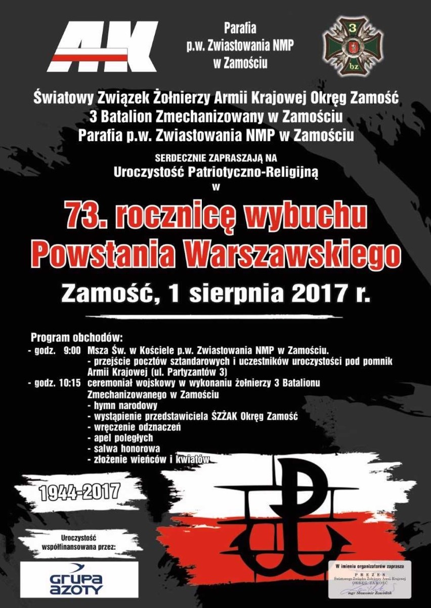 73. rocznica wybuchu Powstania Warszawskiego - obchody zamojskie i biłgorajskie