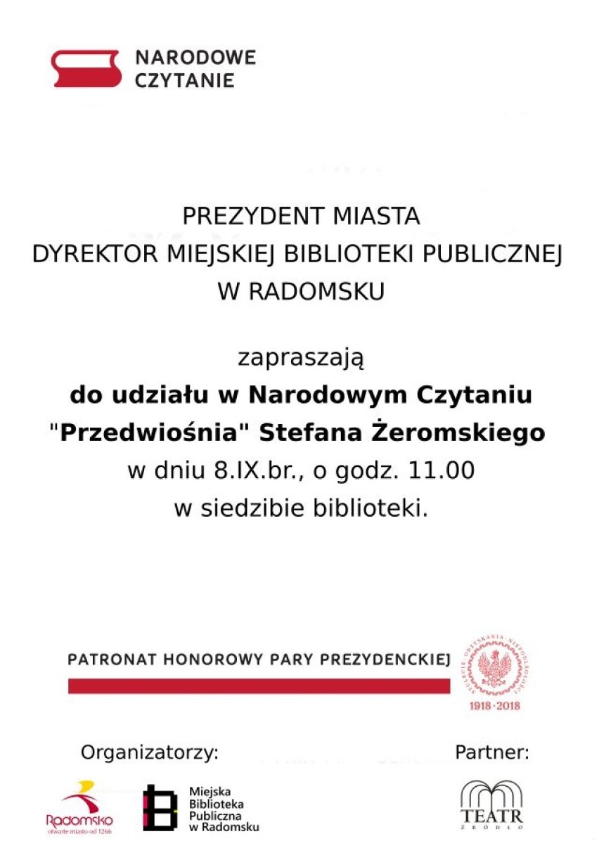 Narodowe Czytanie 2018 w Radomsku. Radomszczanie będą czytać "Przedwiośnie" Stefana Żeromskiego