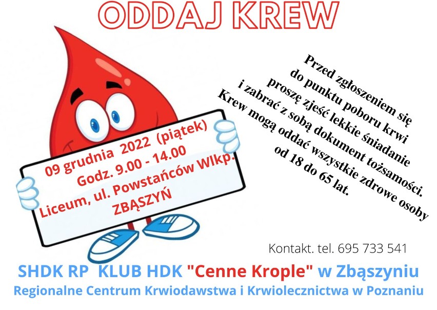  Klub HDK "Cenne Krople" Zbąszyń. Spotkajmy się na akcji poboru krwi w Liceum w Zbąszyniu?