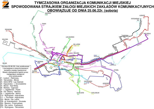 W związku z buntem pracowniczym w MZK miasto uruchomiło komunikację zastępczą. Trasy poszczególnych linii i przykładowe rozkłady jazdy na kolejnych slajdach.