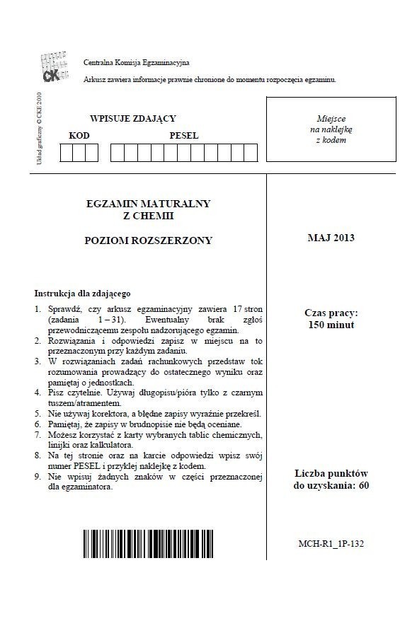 Matura 2013 CHEMIA: ODPOWIEDZI, mamy ARKUSZE [poziom rozszerzony]