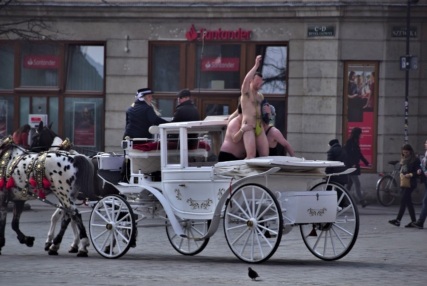 Kraków. Nadzy turyści paradowali na Rynku Głównym [ZDJĘCIA]