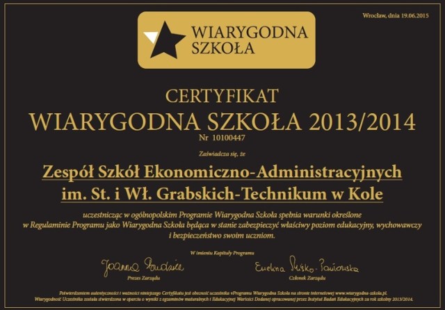 ZSEA w Kole z certyfikatem "Wiarygodna Szkoła"
