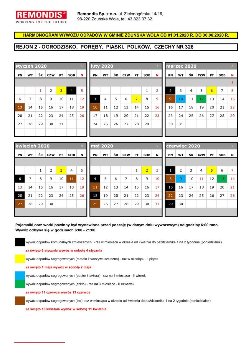 Harmonogramy wywozu śmieci w gminie Zduńska Wola na pierwsze półrocze 2020