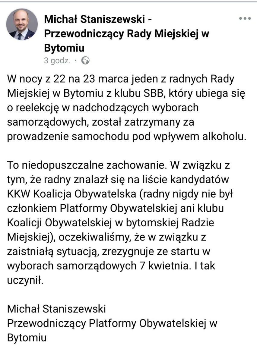 Skandal w Bytomiu. Radny rezygnuje ze startu w wyborach....