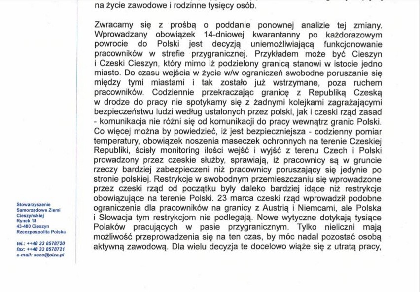 Burmistrz Cieszyna i starosta cieszyński piszą do premiera: chodzi o przekraczanie granicy i kwarantannę