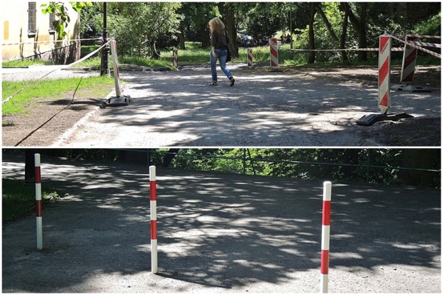 Za plebanią kościoła św. Jana stanęły otoczone taśmą pachołki i uniemożliwiające przejazd słupki.