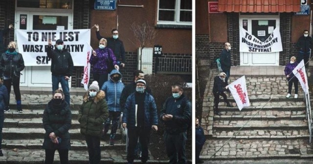 Protestujący w Ciborzu, podczas rozmów z dyrekcją szpitala w Ciborzu, 3 marca