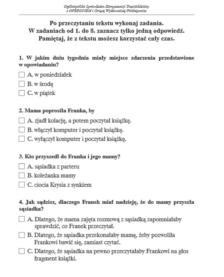 Test trzecioklasisty z Operonem 2015.