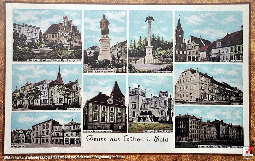 Lubin 1910 - Widokówka ukazująca ważne fragmenty miasta.