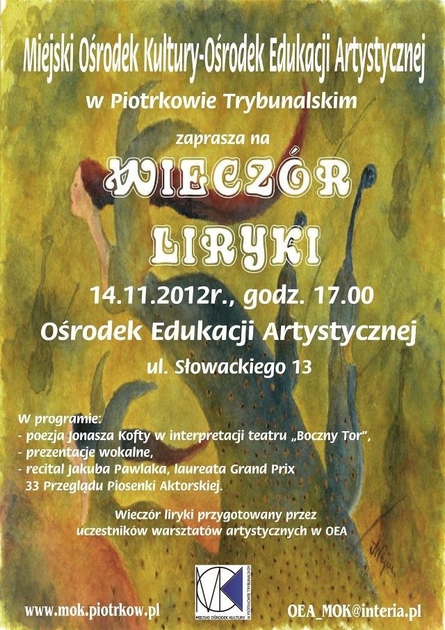 "Wieczór Liryki" organizuje Ośrodek Edukacji Artystycznej w Piotrkowie
