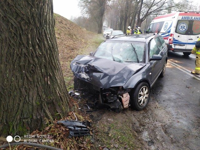 Wypadek w Plesewie w powiecie grudziądzkim. Samochód uderzył w drzewo. Trzy osoby trafiły do szpitala