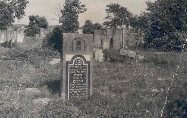 Kalisz, nowy cmentarz żydowski przy ul. Podmiejskiej. Macewa Mosze Arbusa i jej otoczenie w 1950 roku.