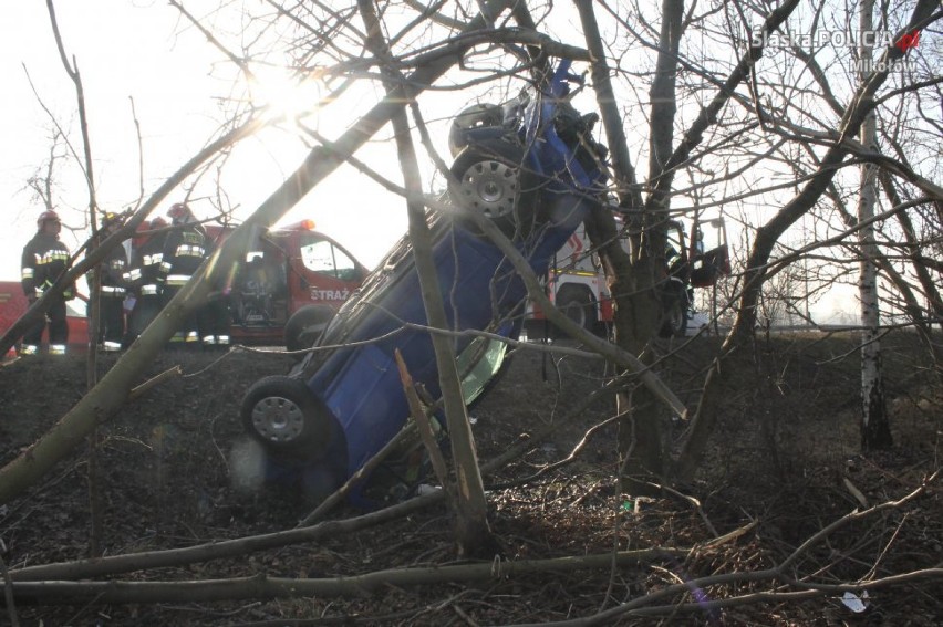 Mikołów: Groźny wypadek na DK-81. Kierowca uderzył w drzewo i dachował [ZDJĘCIA]