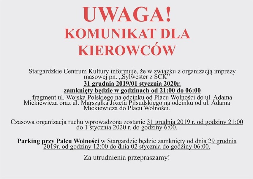 Nie można już parkować na placu Wolności. W związku z przygotowaniami do Sylwestra z SCK