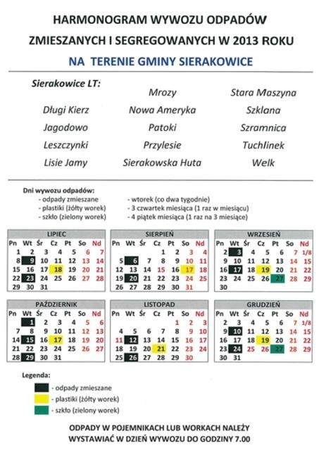 Terminy wywozu odpadów w gminie Sierakowice w roku 2013