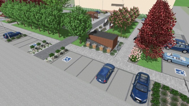 Przed budynkiem szpitala w Kazimierzy Wielkiej będą nowe ławki. Stanie też niewielka fontanna. Plac zapełnią różnorodne drzewa, kwiaty oraz krzew