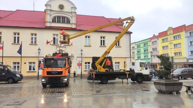 Montowanie choinki przed ratuszem w Żarach