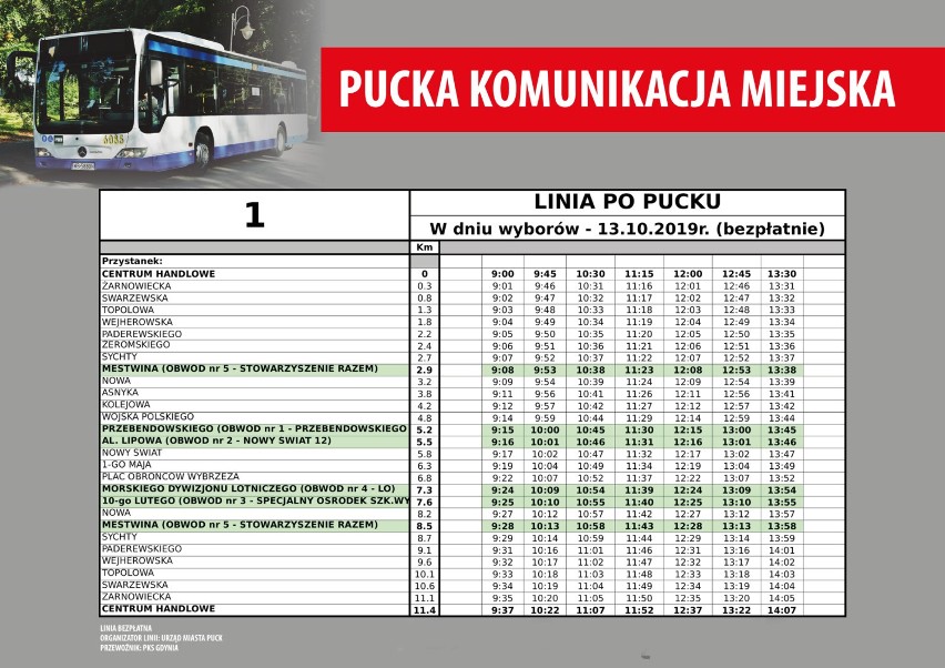 Rozkład jazdy miejskiego autobusu w Pucku podczas wyborów 13 października