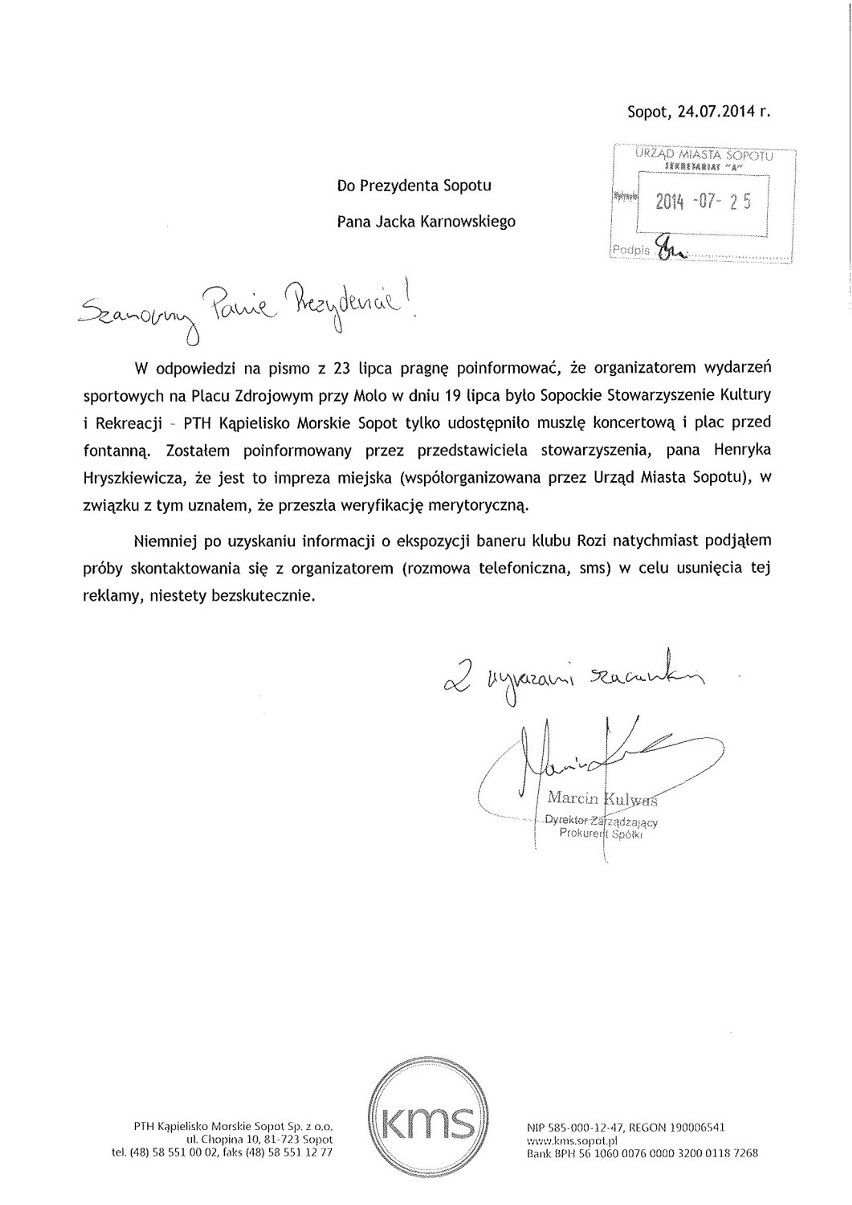 List Marcina Kulwasa do prezydenta Sopotu Jacka Karnowskiego