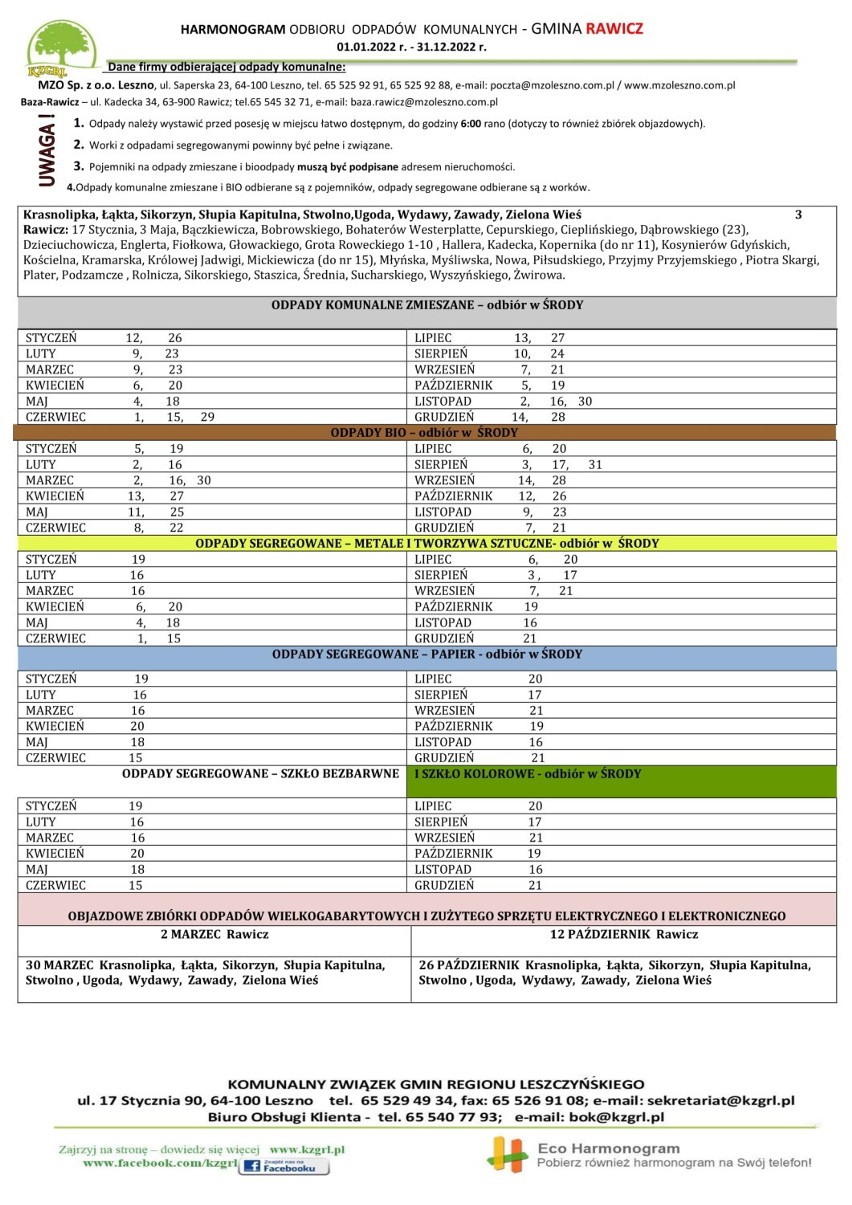 Harmonogram odbioru odpadów w gminie Rawicz (3/5