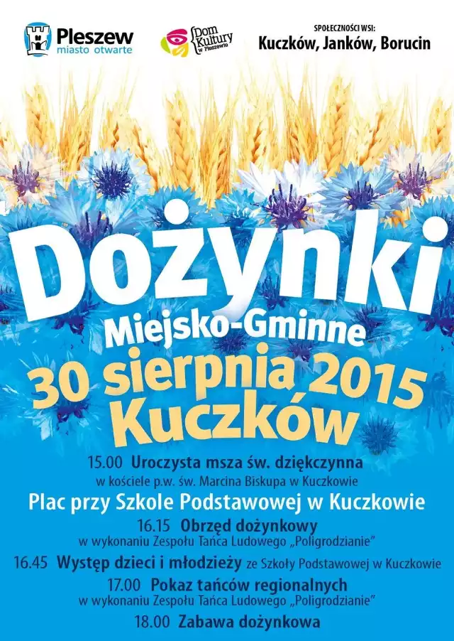 O godz. 16.15. rozpocznie się obrzęd dożynkowy, który poprowadzi zespół Poligrodzianie, który zaprezentuje uczestnikom dożynek także tańce regionalne. Dla gości wystąpią również podopieczni kuczkowskiej szkoły i przedszkola Na 18.00 zaplanowano zabawę dożynkową z zespołem Orion. Wcześniej, bo już o godz. 15.00 w kościele parafialnym w Kuczkowie odbędzie się uroczysta msza św. dziękczynna