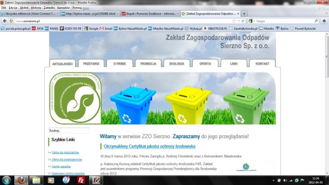 Strona internetowa Zakładu Zagospodarowania Odpadów w Sierznie