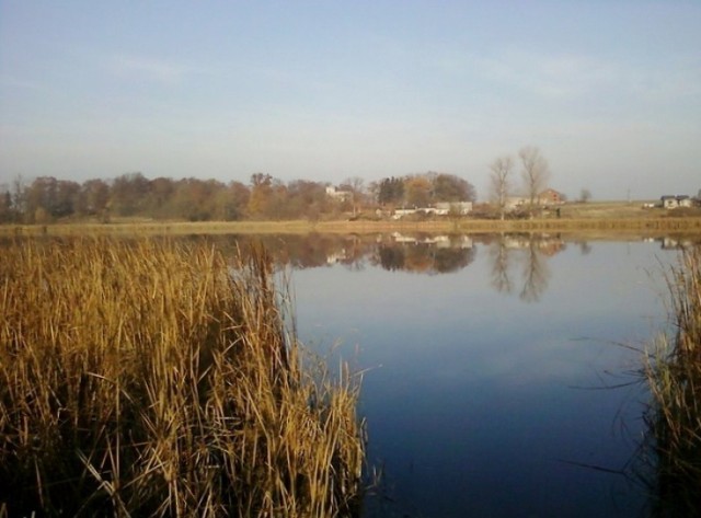 Widok na jezioro w Świeszu na przeciwległym brzegu Dworek Neoklasycystyczny z II poł.XIX w.