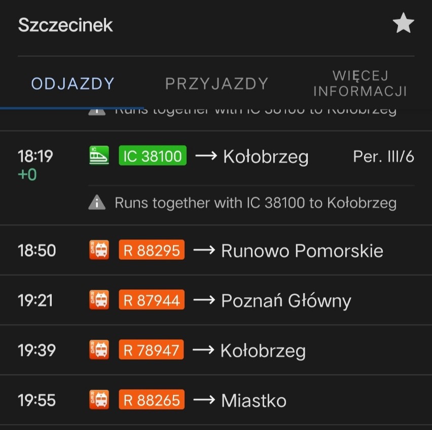Screen nowego rozkładu jazdy w Szczecinku