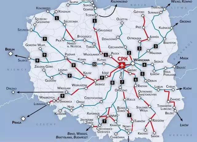 Mapa przebiegu planowanych linii kolejowych do CPK.  Kolorem czerwonym oznaczono odcinki, które zostaną wybudowane przez CPK, zaś niebieskim - te, które zostaną zmodernizowane i wybudowane przez  PKP Polskie Linie Kolejowe SA