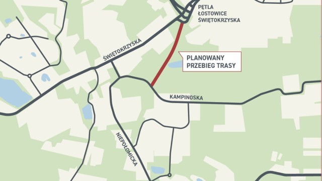 Na czerwono zaznaczony został planowany przebieg I etapu Nowej Świętokrzyskiej o długości około 1 km.