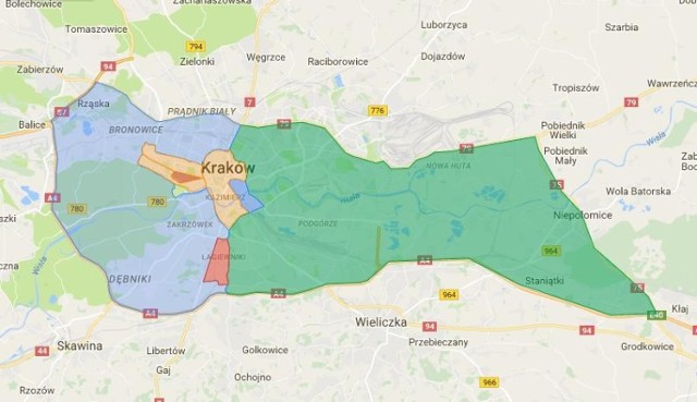 KOLOR CZERWONY - obszar zamknięty dla ruchu
Obszar Zamknięty Błonia 
Ulice graniczne obszaru: 
3 Maja, Piastowska, Focha.

UPRAWNIENI DO WJAZDU:
-&nbsp;mieszkańcy tego obszaru
-&nbsp;pojazdy zaopatrzenia 00:00 – 10:00
-&nbsp;oznakowane pojazdy służb specjalnych i medycznych
-&nbsp;KMK, komunikacja zbiorowa, taxi – w godz. funkcjonowania KMK
-&nbsp;pojazdy z zezwoleniami zarządu drogi
-&nbsp;pojazdy osób niepełnosprawnych zgodnie z obowiązującym oznakowaniem
-&nbsp;goście hotelowi z rezerwacją i miejscem parkingowym poza pasem drogowym

Obszar Zamknięty Łagiewniki 
Ulice graniczne obszaru: 
Tischnera, Zakopiańska, Jugowicka, Podmokła, Herberta, Turowicza (do Tischnera) 

UPRAWNIENI DO WJAZDU:
-&nbsp;mieszkańcy tego obszaru
-&nbsp;pojazdy zaopatrzenia 00:00 – 10:00
-&nbsp;oznakowane pojazdy służb specjalnych i medycznych
-&nbsp;KMK, komunikacja zbiorowa, taxi – w godz. funkcjonowania KMK
-&nbsp;pojazdy z zezwoleniami zarządu drogi
-&nbsp;pojazdy osób niepełnosprawnych z obowiązującym oznakowaniem
-&nbsp;goście hotelowi z rezerwacją i miejscem parkingowym poza pasem drogowym
-&nbsp;dojazd do CH Zakopianka i firm w obszarze (Zakopiańska, Marcika, Połomskiego (Biedronka)), dojazd do stacji paliw przy Fredry

KOLOR POMARAŃCZOWY - obszar ograniczeń w ruchu
Obszar ograniczeń w ruchu - Strefa 1
ULICE:

Armii Krajowej, Nawojki, Czarnowiejska, Aleja Słowackiego do Wita Stwosza, Lubomirskiego, Rondo Mogilskie, Powstania Warszawskiego, Rondo Grzegórzeckie, Grzegórzecka, Dietla do Starowiślnej, Starowiślna, Na Zjeździe, Limanowskiego, Powstańców Śląskich, Kamieńskiego, Konopnickiej, most Dębnicki, rzeka Wisła, most Zwierzyniecki, (zamknięta Malczewskiego i Zaścianek), Królowej Jadwigi, Jesionowa, Na Błonie, Zarzecze

UPRAWNIENI DO WJAZDU:
mieszkańcy obszaru: Błonia, Łagiewniki, I 
pojazdy zaopatrzenia i dojeżdżające do parkingów 00:00–10:00
oznakowane pojazdy służb specjalnych, medycznych i technicznych
pojazdy dojeżdżające do szpitali
oznakowane pojazdy CC i CD
autokary z identyfikatorem ŚDM
KMK, komunikacja zbiorowa, taxi – w godz. funkcjonowania KMK
pojazdy z zezwoleniami zarządu drogi
pojazdy osób niepełnosprawnych zgodnie z obowiązującym oznakowaniem
goście hotelowi z rezerwacją i miejscem parkingowym poza pasem drogowym
pracownicy firm w strefie I od 00:00-10:00
pojazdy firm zlokalizowanych w strefie I

KOLOR NIEBIESKI - obszar ograniczeń w ruchu
Obszar Ograniczeń w ruchu 2
Ulice graniczne obszaru:
Rondo Ofiar Katynia, Conrada, Opolska, 29 Listopada, Wita Stwosza, Rondo Mogilskie, Rondo Grzegórzeckie, Kotlarska, Most Kotlarski, Herlinga Grudzińskiego, Klimeckiego, Powstańców Wielkopolskich, Powstańców Śląskich, Turowicza, Herberta, POAK , obwodnica autostradowa, węzeł Radzikowskiego, Pasternik

UPRAWNIENI DO WJAZDU:
-&nbsp;mieszkańcy obszaru: Błonia, Łagiewniki, I i II
-&nbsp;pojazdy zaopatrzenia i dojeżdżające do parkingów 00:00 – 10:00
-&nbsp;oznakowane pojazdy służb specjalnych, medycznych i technicznych
-&nbsp;pojazdy dojeżdżające do szpitali
-&nbsp;oznakowane pojazdy CC i CD
-&nbsp;autokary z identyfikatorem ŚDM
-&nbsp;KMK, komunikacja zbiorowa, taxi – w godz. funkcjonowania KMK
-&nbsp;pojazdy z zezwoleniami zarządu drogi
-&nbsp;pojazdy osób niepełnosprawnych zgodnie z obowiązującym oznakowaniem
-&nbsp;goście hotelowi z rezerwacją i miejscem parkingowym poza pasem drogowym
-&nbsp;pracownicy firm zlokalizowanych w strefie I i II 
-&nbsp;pojazdy firm w strefie I i II
-&nbsp;rowerzyści

KOLOR ZIELONY - obszar ograniczeń w ruchu
Obszar Ograniczeń w ruchu 3
Ulice graniczne obszaru:
Opolska, Bora Komorowskiego, Andersa, Jana Pawła II, Ptaszyckiego, Igołomska, Brzeska, droga 75 do Targowiska, droga 94, POAK , obwodnica autostradowa, 

UPRAWNIENI DO WJAZDU:
-&nbsp;mieszkańcy obszaru: Błonia, Łagiewniki, I, II i III
-&nbsp;pojazdy zaopatrzenia i dojeżdżające do parkingów 00:00 – 10:00
-&nbsp;oznakowane pojazdy służb specjalnych, medycznych i technicznych
-&nbsp;pojazdy dojeżdżające do szpitali
-&nbsp;oznakowane pojazdy CC i CD
-&nbsp;autokary z identyfikatorem ŚDM
-&nbsp;KMK, komunikacja zbiorowa, taxi – w godz. funkcjonowania KMK
-&nbsp;pojazdy z zezwoleniami zarządu drogi
-&nbsp;pojazdy osób niepełnosprawnych zgodnie z - obowiązującym oznakowaniem
-&nbsp;goście hotelowi z rezerwacją i miejscem -parkingowym poza pasem drogowym
-&nbsp;pracownicy firm zlokalizowanych w strefie I, II i III 
-&nbsp;pojazdy firm w strefie I, II i III
-&nbsp;rowerzyści