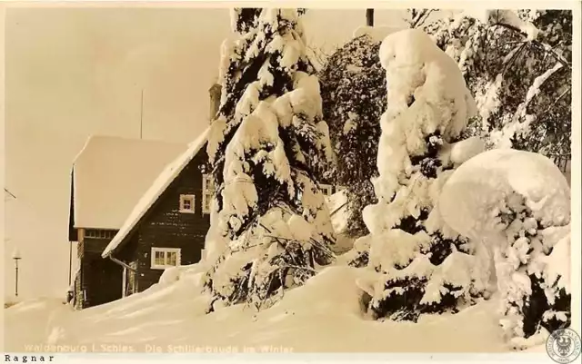 Zimowe, klimatyczne zdjęcie Harcówki 100 lat temu w Wałbrzychu. Takie były zimy, tego nam brakuje