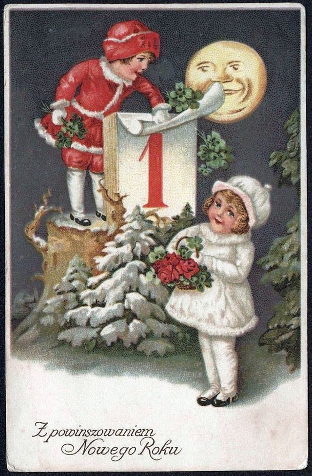 Noworoczna kartka pocztowa z okresu międzywojennego (ze zbiorów Muzeum Mazowieckiego w Płocku)