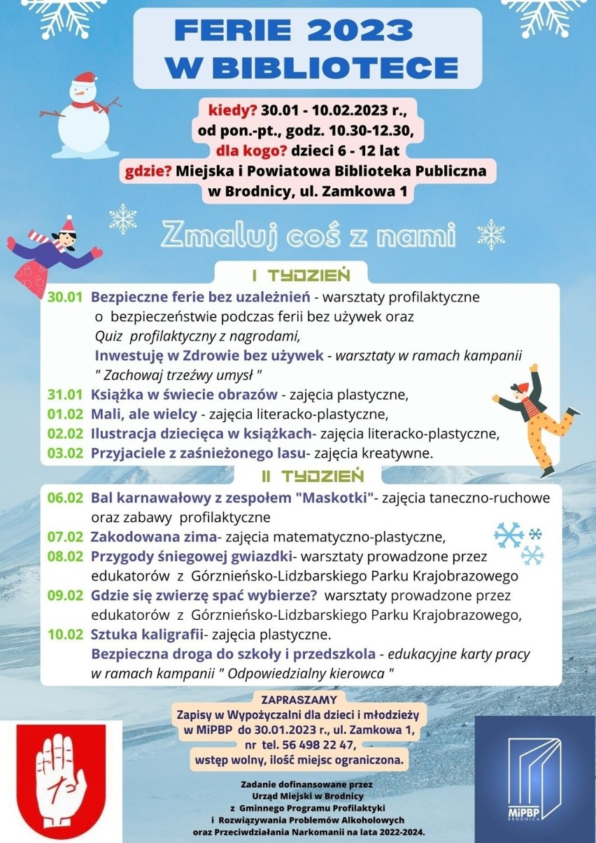 Ferie zimowe 2023 Brodnica. Takie zajęcia, warsztaty i imprezy dla dzieci oraz nastolatków zaplanowano na ferie zimowe w Brodnicy 