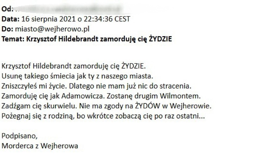 Prezydent Wejherowa Krzysztof Hildebrandt otrzymał groźbę zabójstwa. Internauta napisał "Zamorduję cię Żydzie"