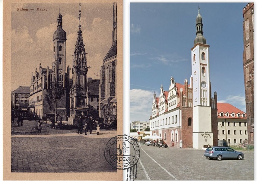 Na starym zdjęciu przed ratuszem stoi Zwei-Kaiser-Brunnen -...