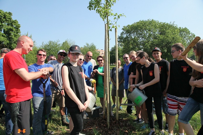 Inauguracja Festiwalu Wolontariatu "Kontakt" : Amerykańscy żołnierze posadzili drzewa i krzewy w parku przy łódzkiej ASP, 13 czerwca 2015