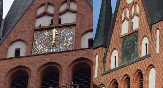 Przed i po renowacji cyferblatów na wieży kościoła Mariackiego w Szczecinku. Jest różnica, prawda?