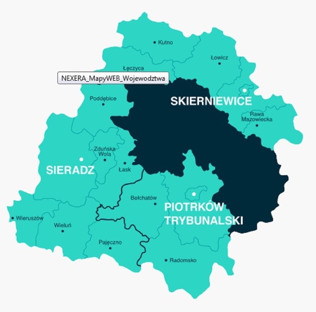 Jaśniejszym kolorem zaznaczone są obszary Łódzkiego, które obejmie inwestycja Nexery