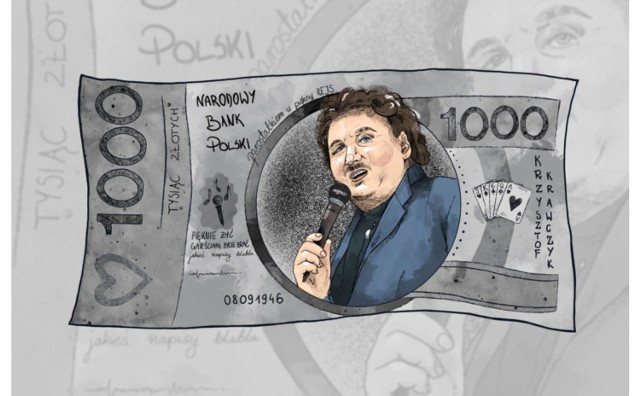 Praca Adrianny Wójcik, zielonogórskiej rysowniczki i tatuażystki. Na banknocie: Krzysztof Krawczyk.