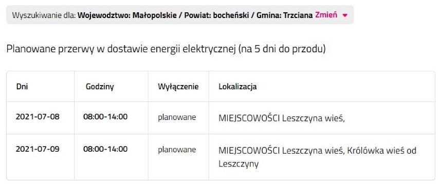 Wyłączenia prądu w powiecie bocheńskim i brzeskim, 5.07.2021