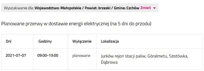 Wyłączenia prądu w powiecie bocheńskim i brzeskim, 5.07.2021