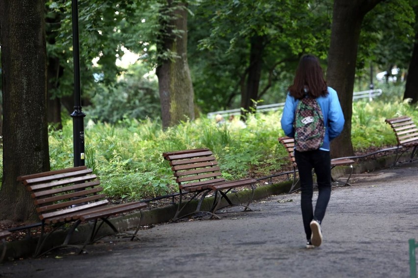 25.06.2018 krakow, 
park krakowski i plac inwalidow, lawka,...