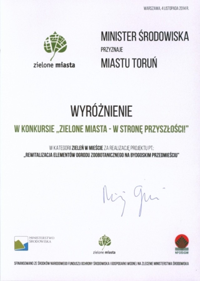 Toruń laureatom konkursu „Zielone Miasta - w stronę przyszłości”